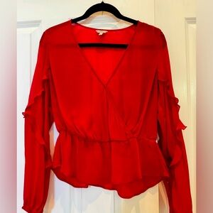 Guess red, sheer long-sleeve ruffle blouse. EUC.
